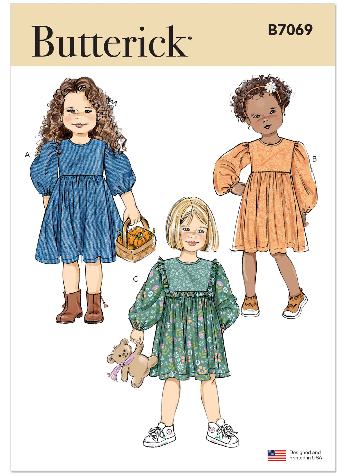 Patron Butterick n°7069 – Robe froncée à manches ballon pour enfant