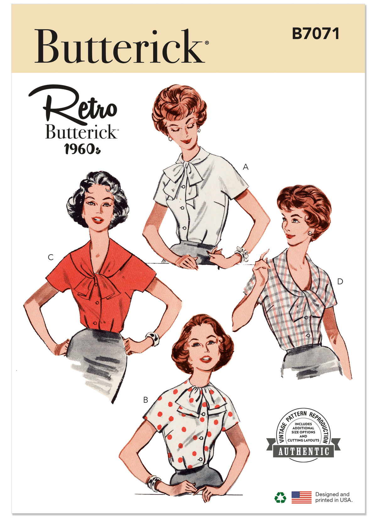 Patron Butterick n°7071 – Blouse vintage années 1960 à quatre encolures
