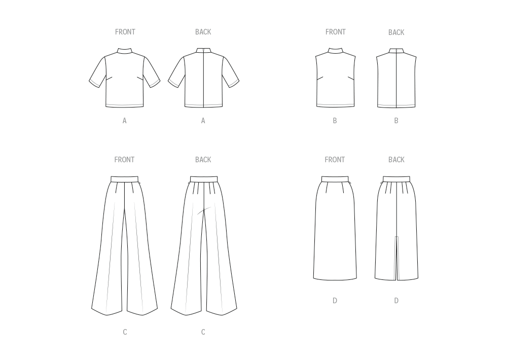 Patron Butterick n°7082 – Hauts, pantalon large et jupe crayon