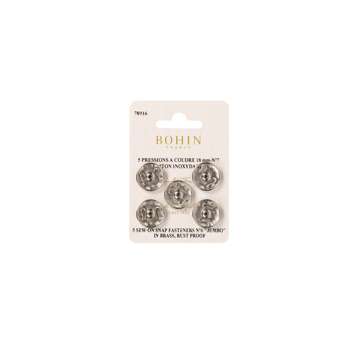 Boutons-pression à coudre en laiton inoxydable BOHIN N°7 – 18 mm, Argenté