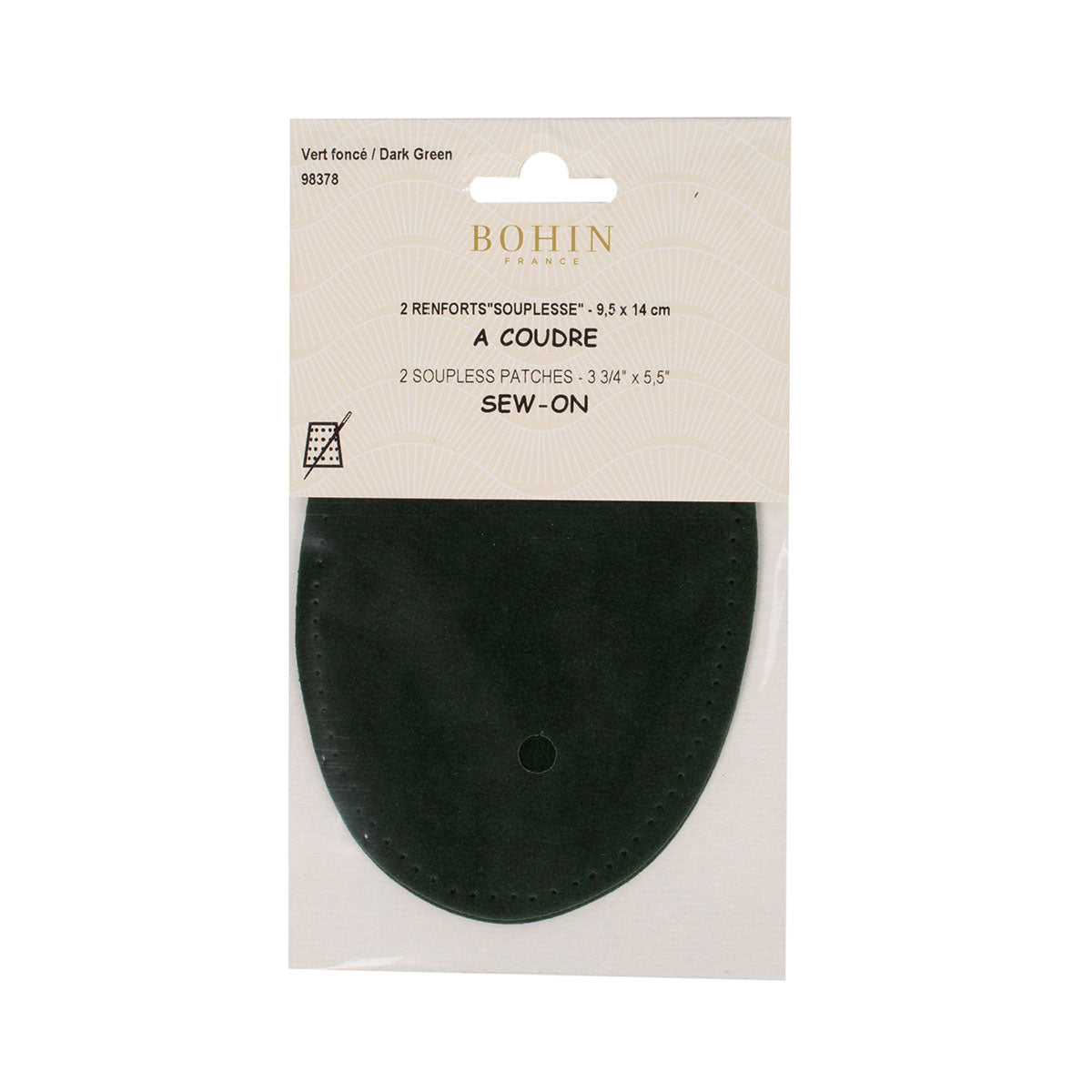 Coudières/Genouillères thermocollantes en suédine vert foncé BOHIN – 9,5 x 14 cm