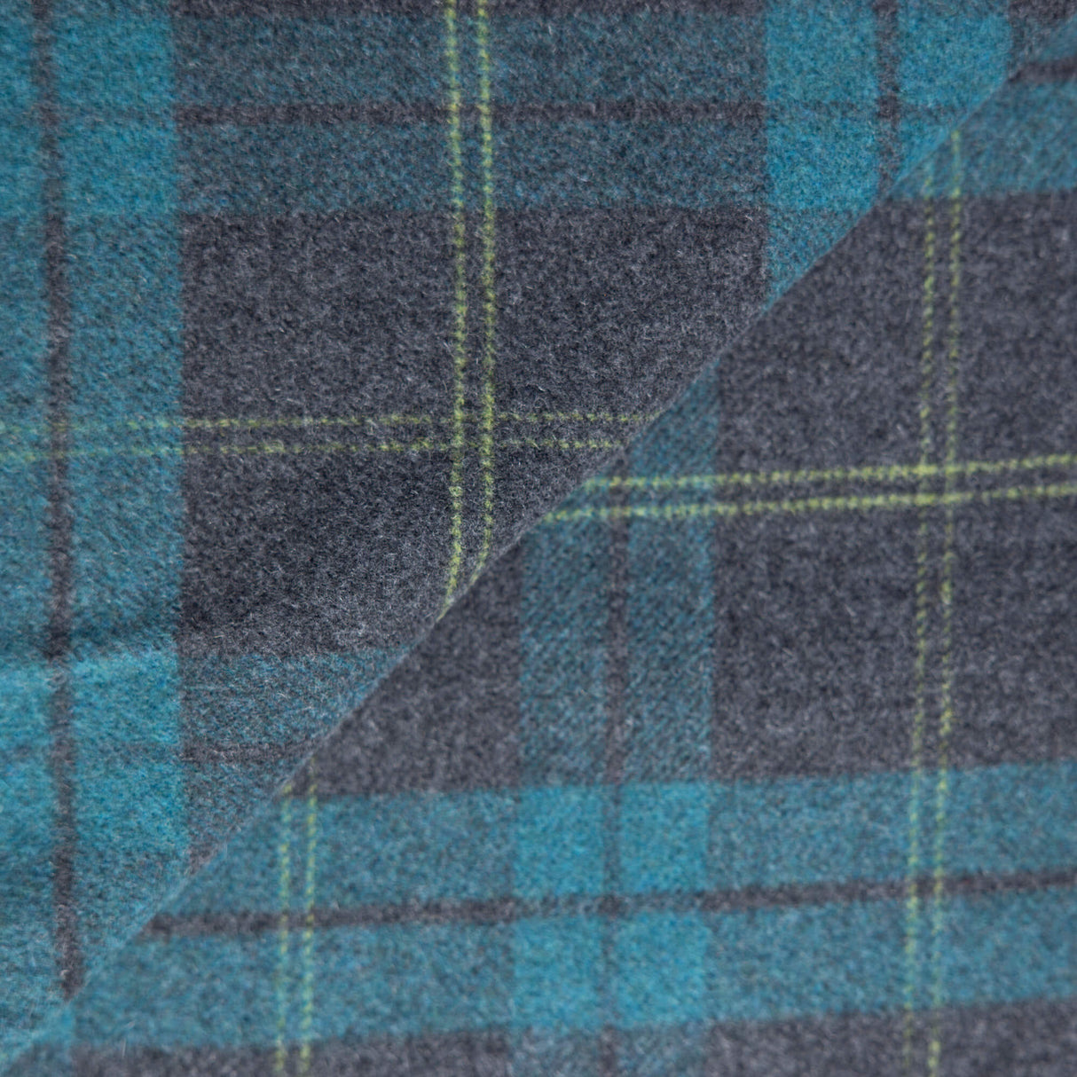 Flanelle de laine – Carreaux vert canard et gris lignes jaunes