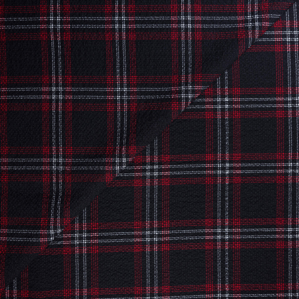 Tissu tailleur seersucker en laine vierge – Carreaux rouge et blanc fond noir