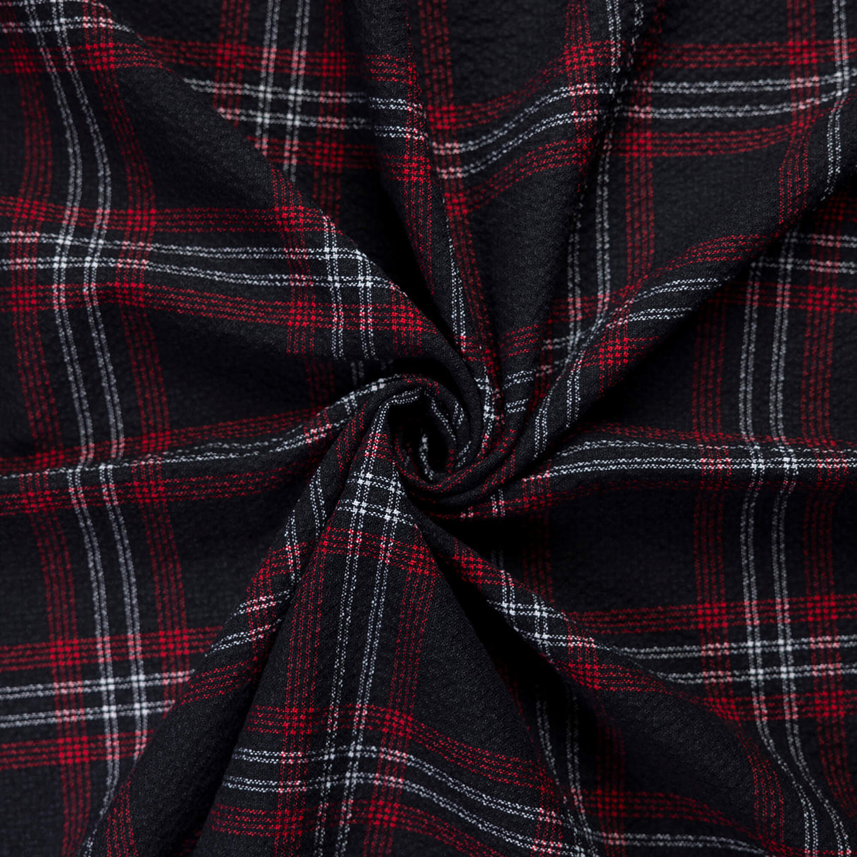 Tissu tailleur seersucker en laine vierge – Carreaux rouge et blanc fond noir