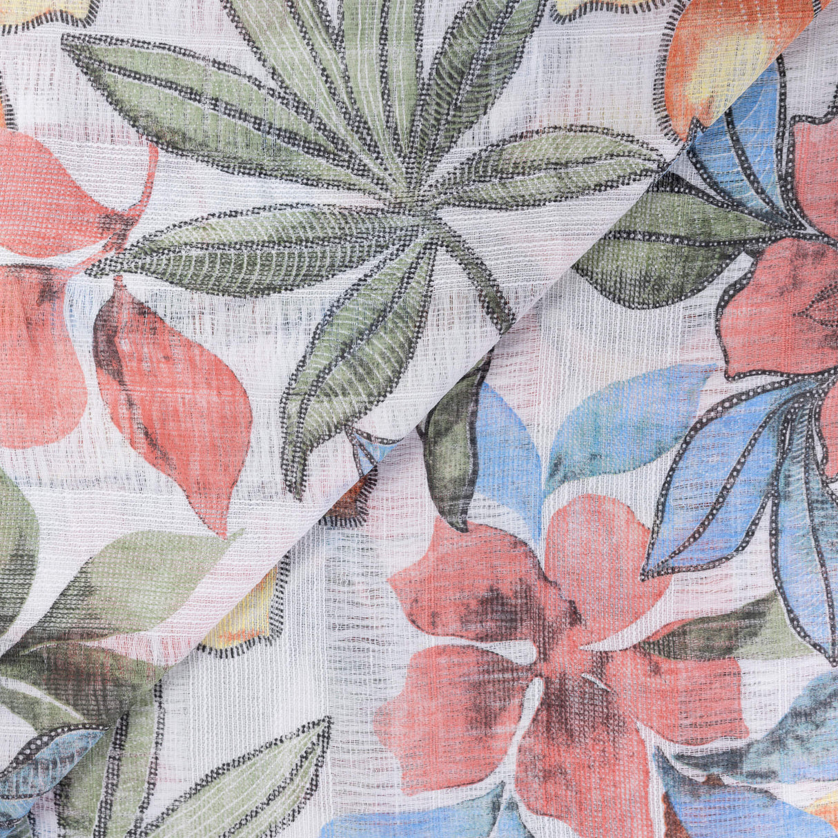 Gaze 100% coton - Fleurs multicolores fond blanc