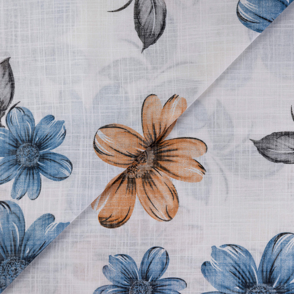 Gaze 100% coton – Fleurs bleues et terracotta fond blanc