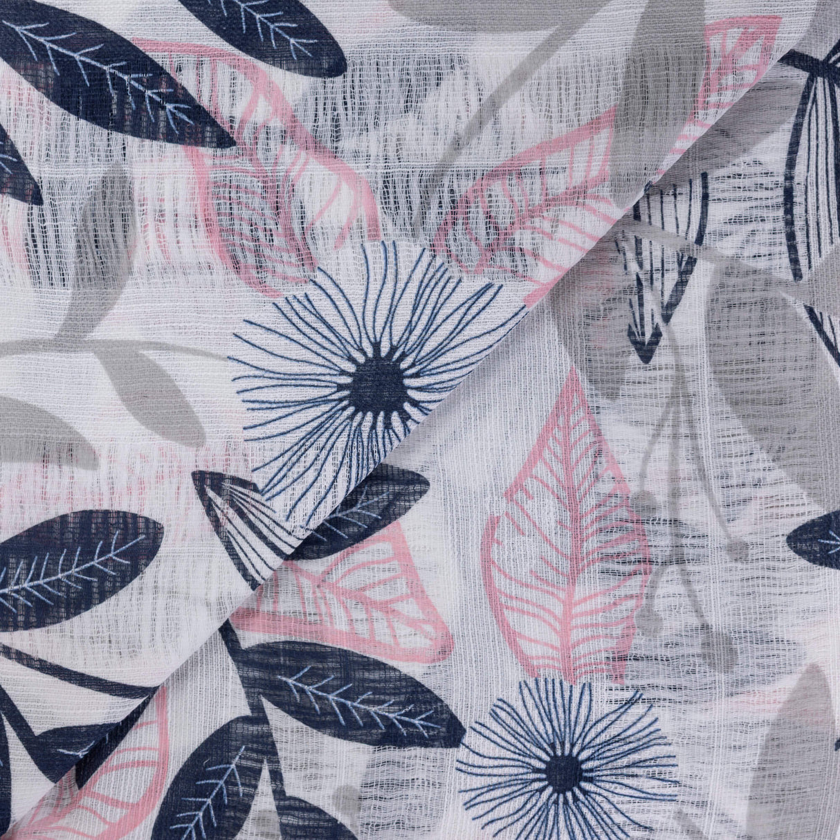 Gaze 100% coton – Feuilles graphiques bleu et rose fond blanc