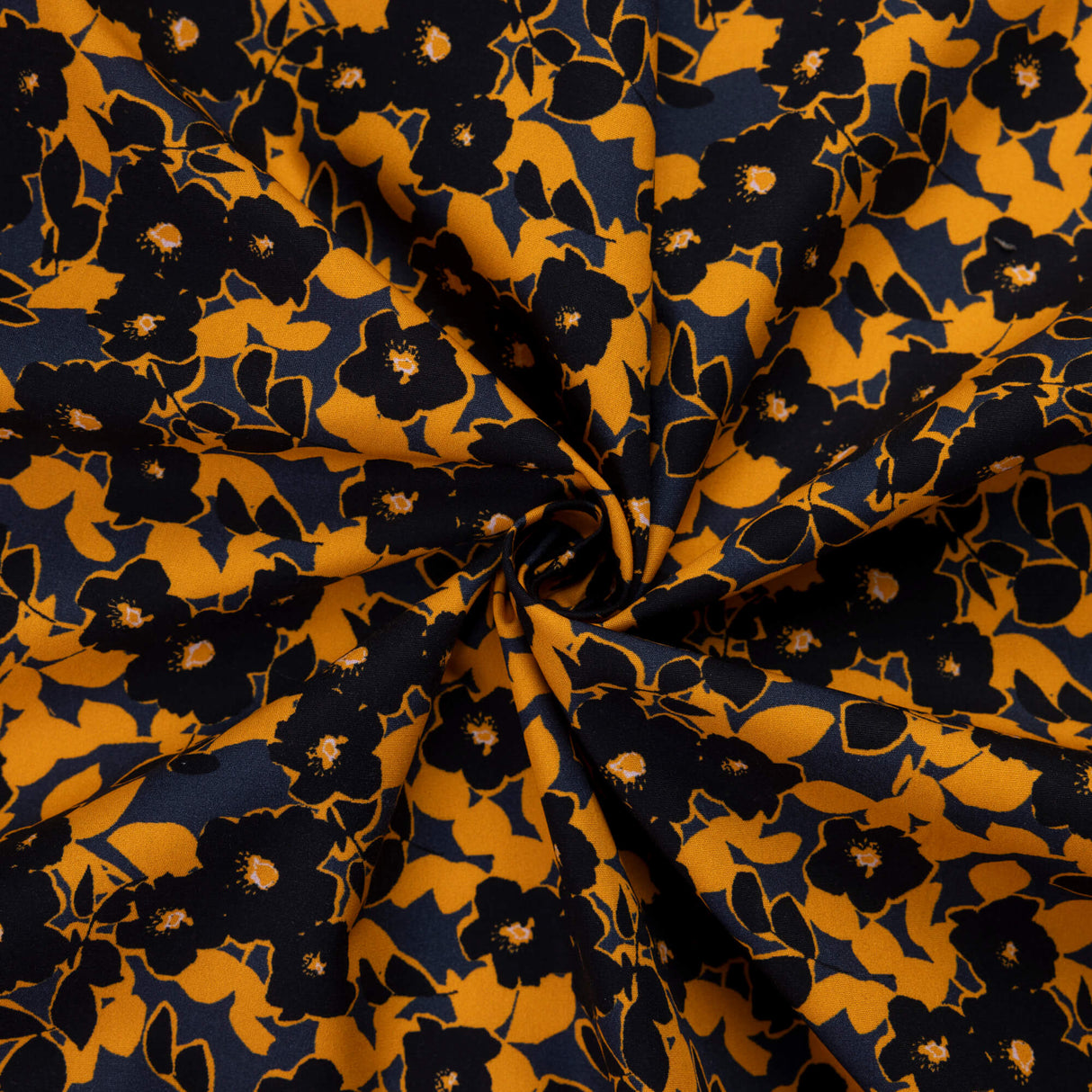 Popeline 100% coton – Fleurs noir et orange fond marine