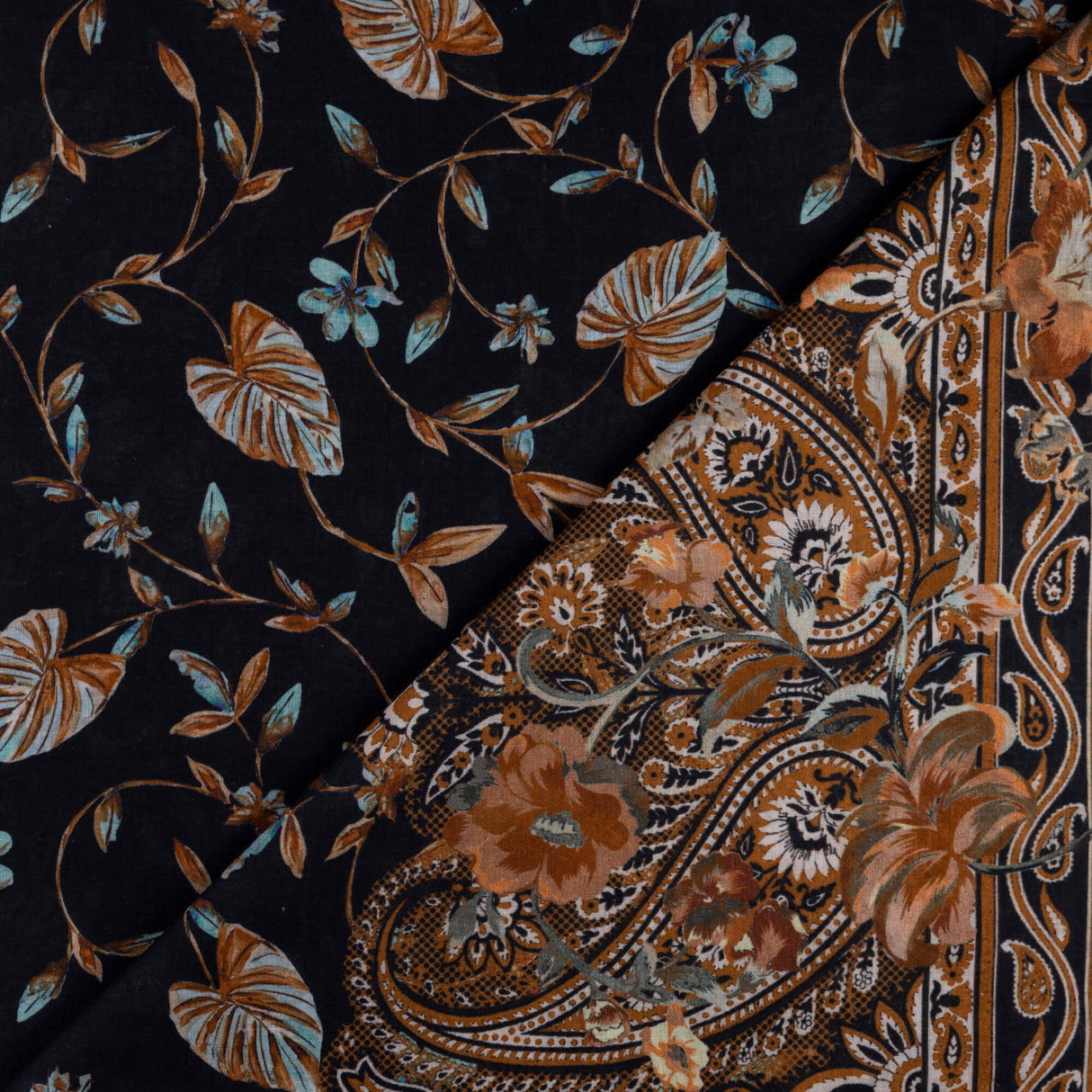 Voile 100% coton – Fleurs et cachemire caramel fond noir