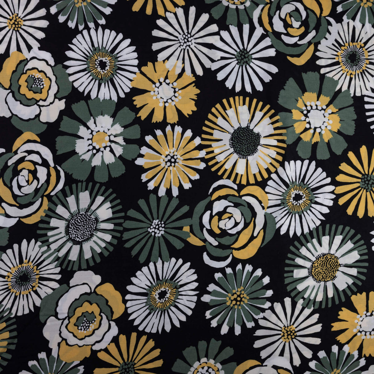 Étoffe 100% viscose – Fleurs jaune & vert fond noir