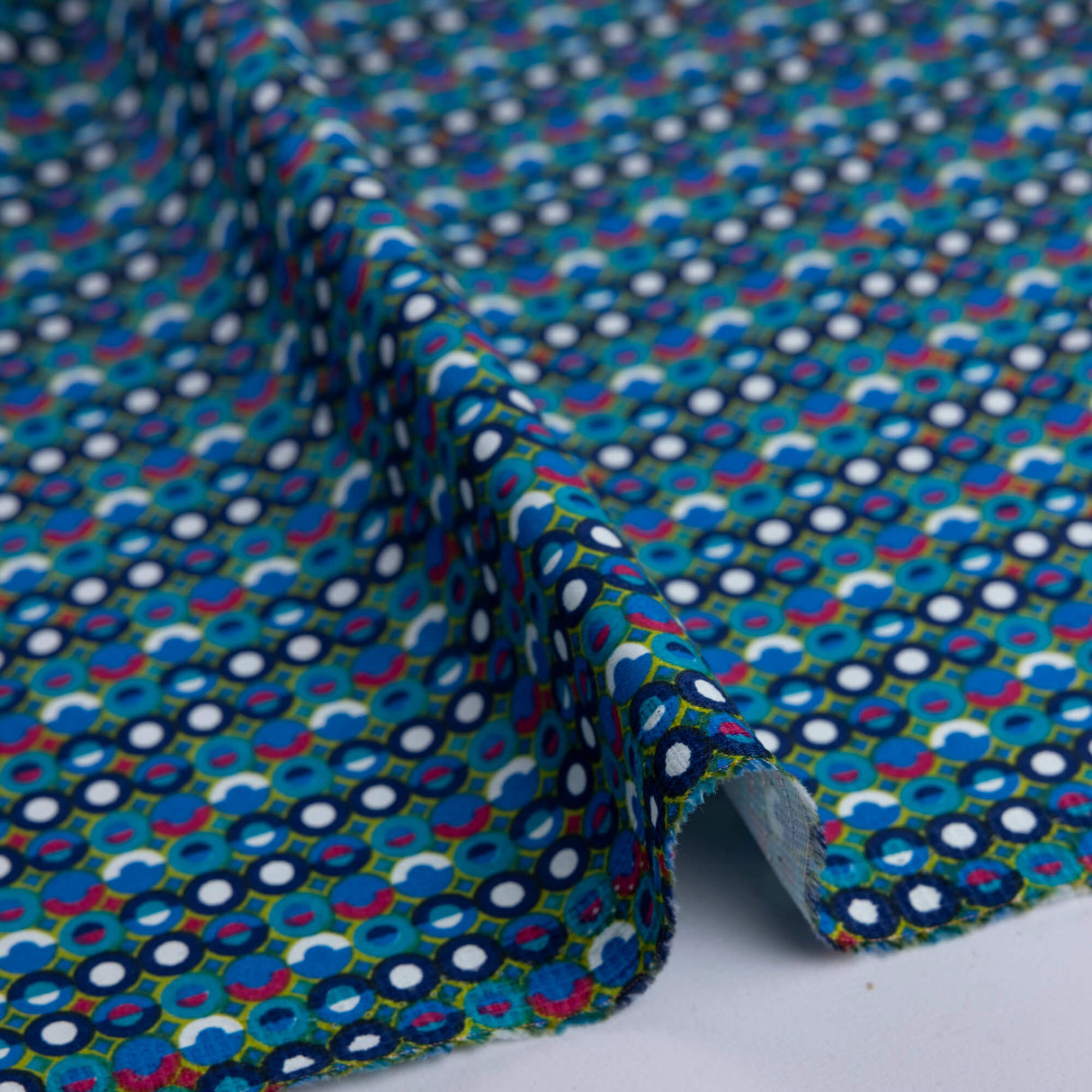 Satin coton & élasthanne – Motif géométrique bleu et vert