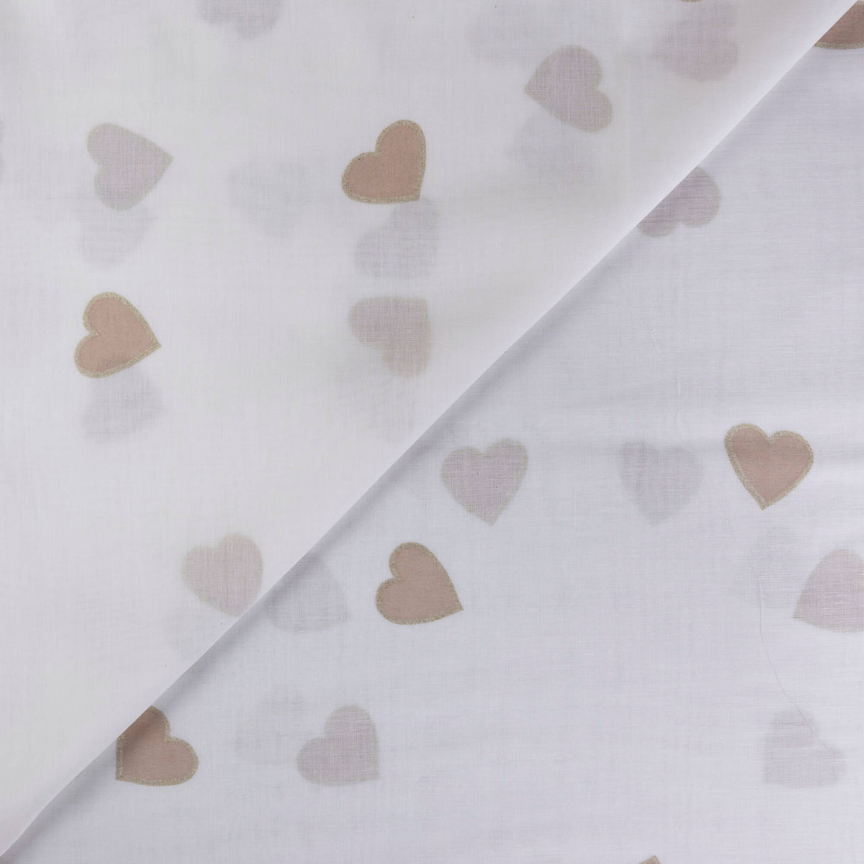 Voile 100% coton – Cœurs beige doré fond blanc
