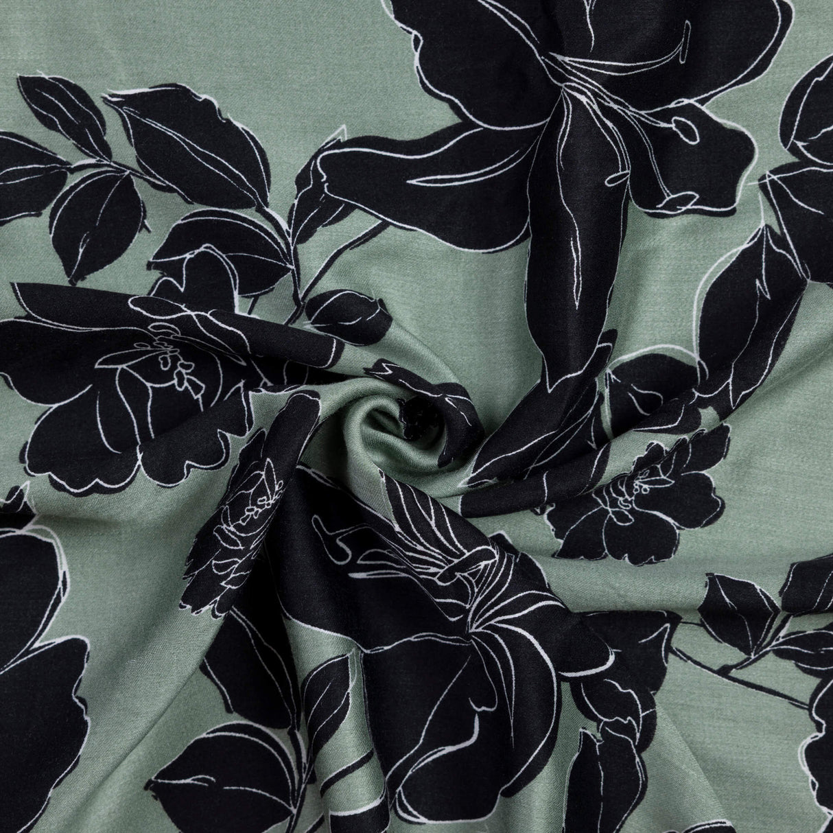 Satin 100% viscose – Fleurs noires fond vert sauge
