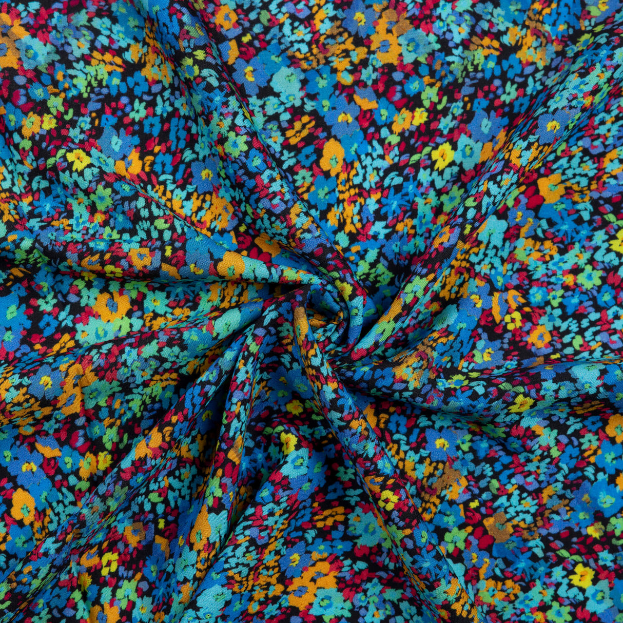 Étoffe 100% viscose – Mini fleurs multicolores fond noir