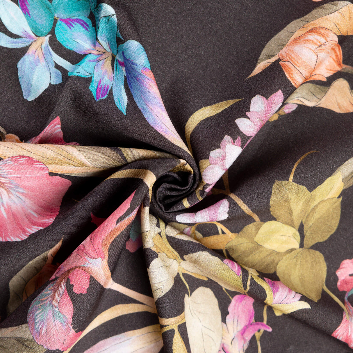 Twill 100% viscose – Fleurs multicolores fond noir