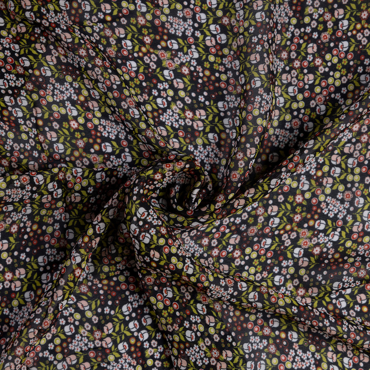 Mousseline 100% viscose - Mini fleurs multicolores fond noir