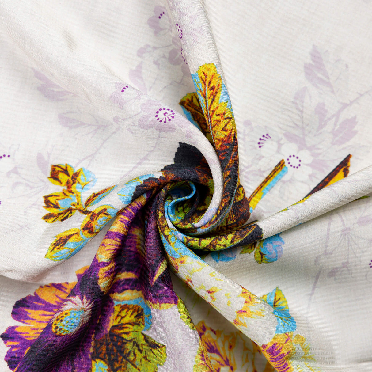 Twill bande satin viscose - Fleurs violettes fond blanc