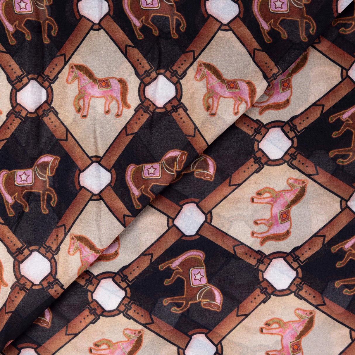 Mousseline 100% viscose - Chevaux & sangles beige noir