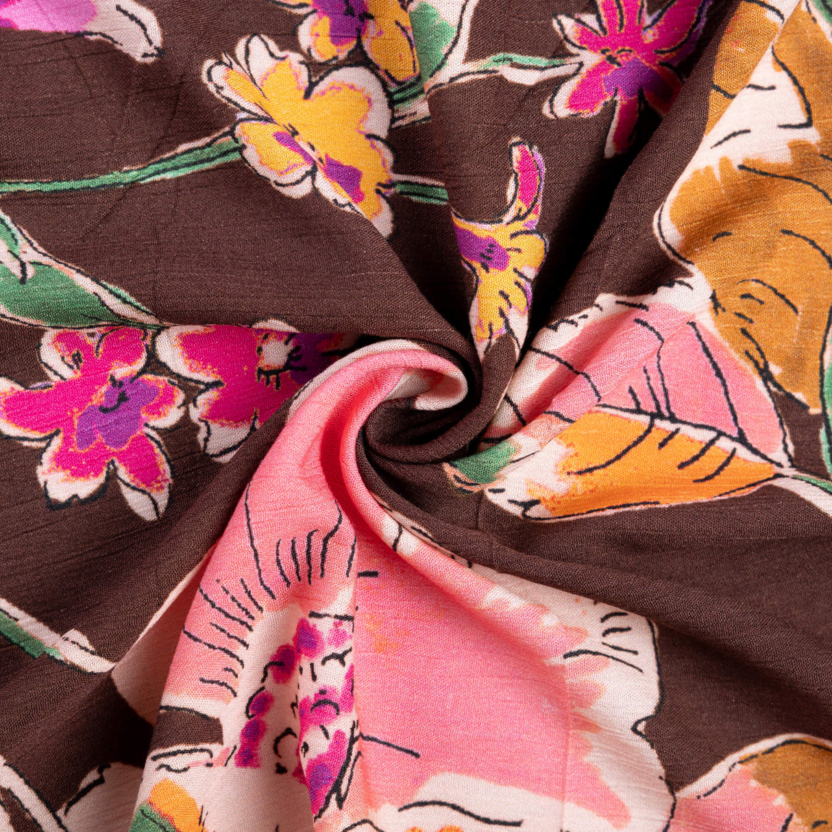 Crêpon 100% viscose - Grandes fleurs roses fond chocolat