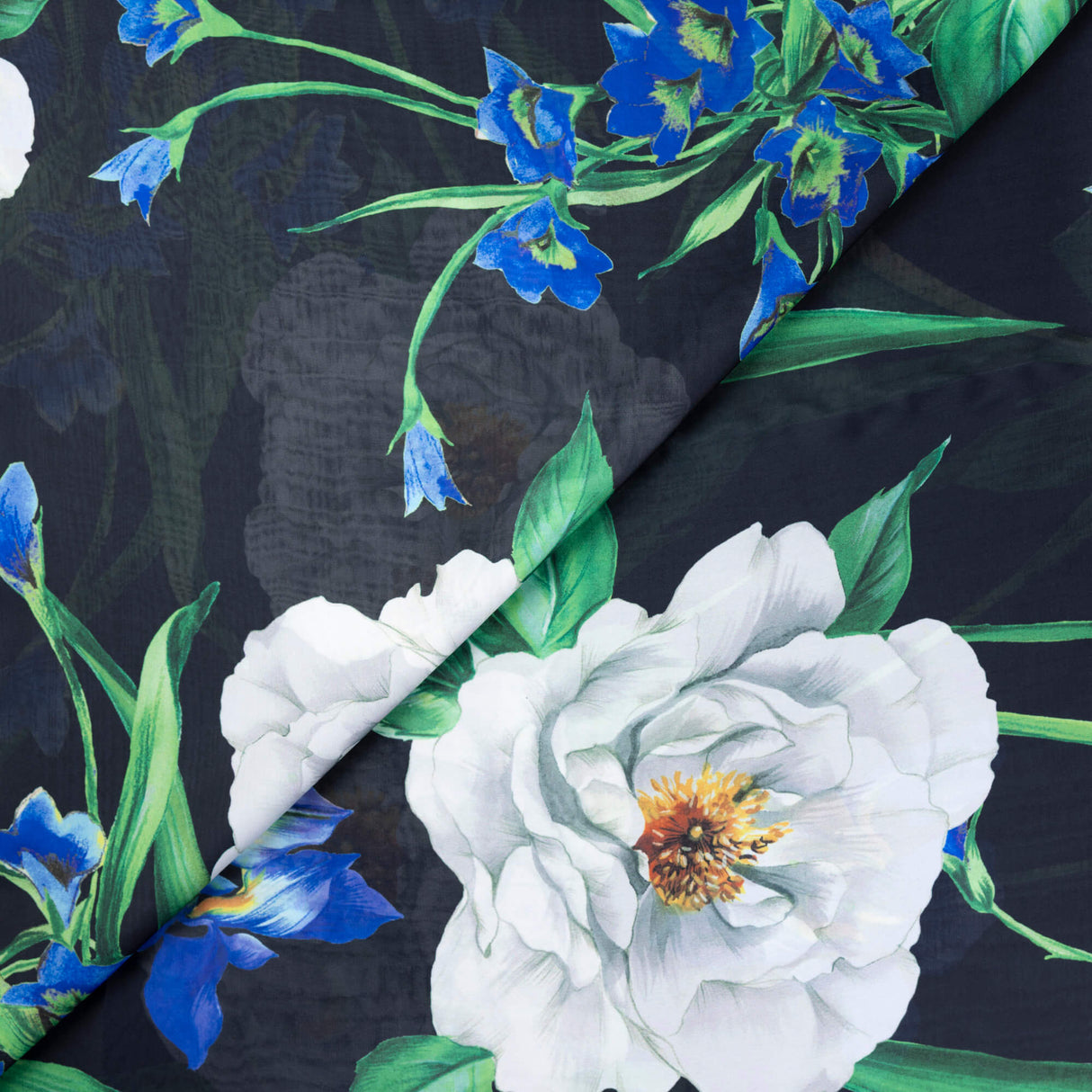 Satin léger - Fleurs bleues fond noir