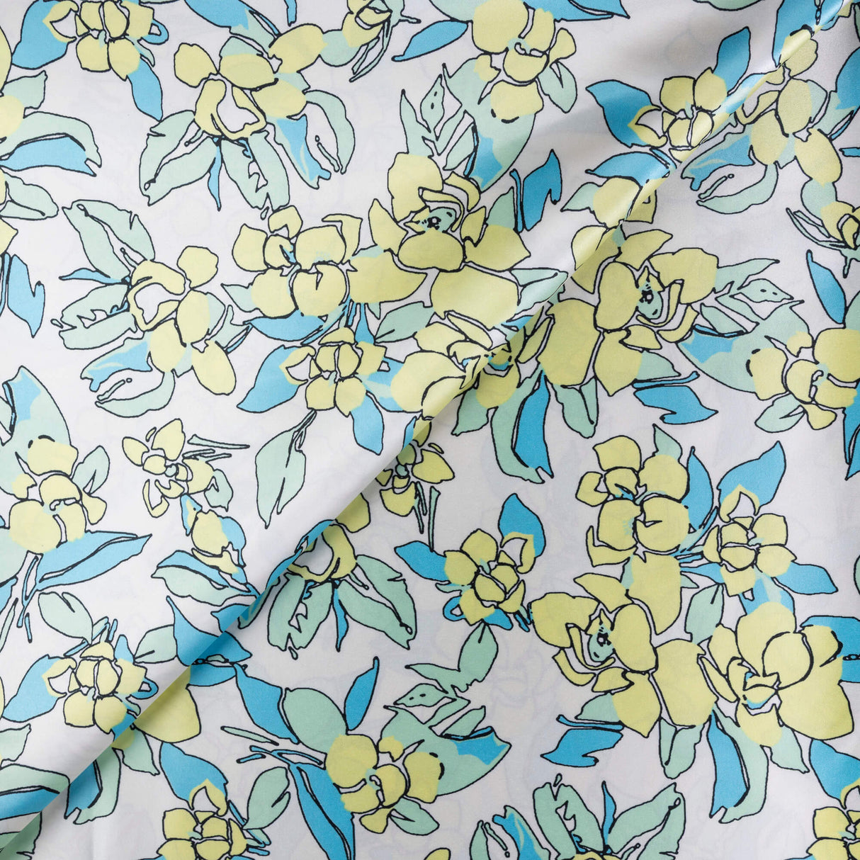 Satin lourd – Fleurs pastel bleu & jaune