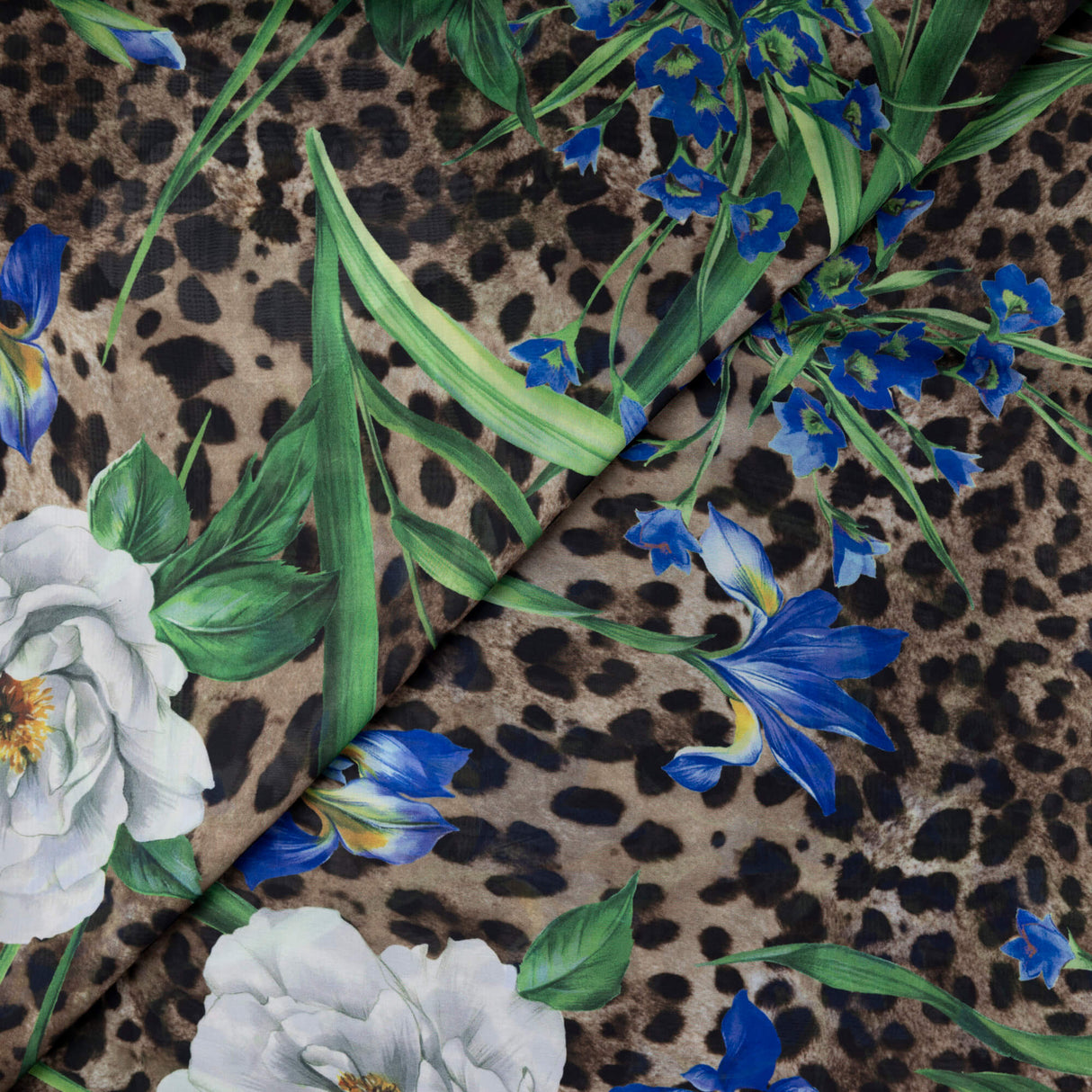 Satin léger – Léopard fleuri bleu