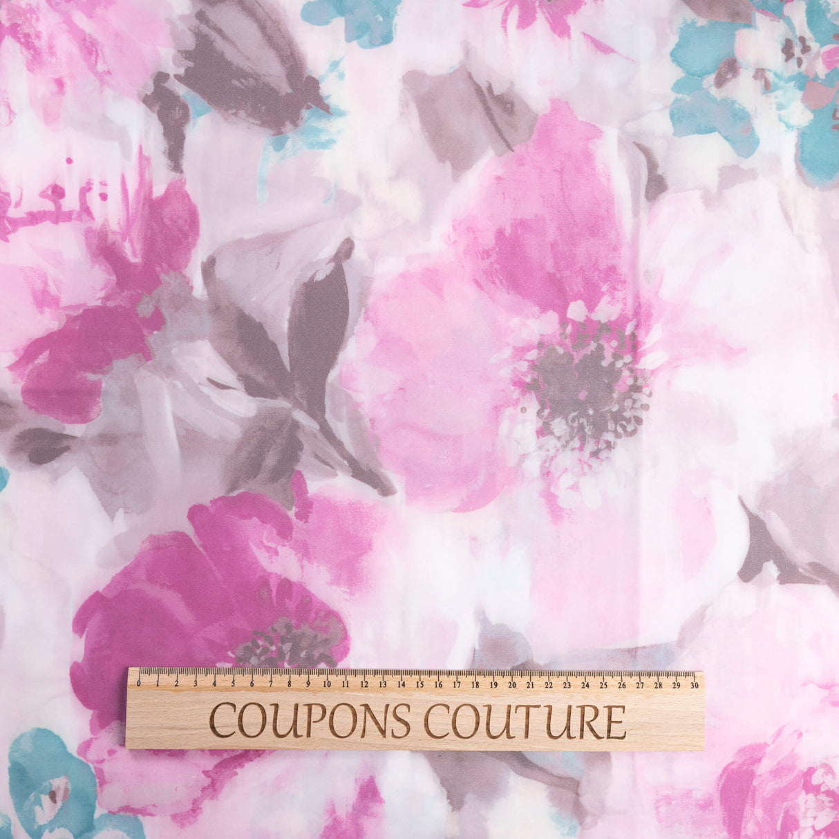 Crêpe imprimé envers satin – Fleurs rose & ciel