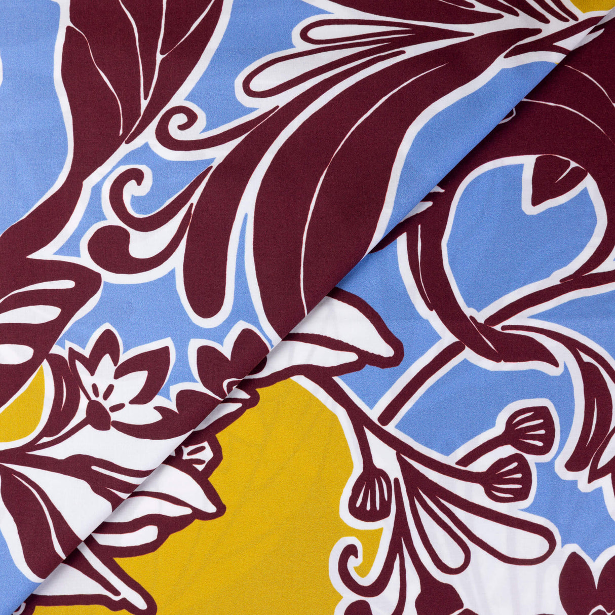 Étoffe 100% viscose - Fleurs graphiques bleu ciel et bordeaux