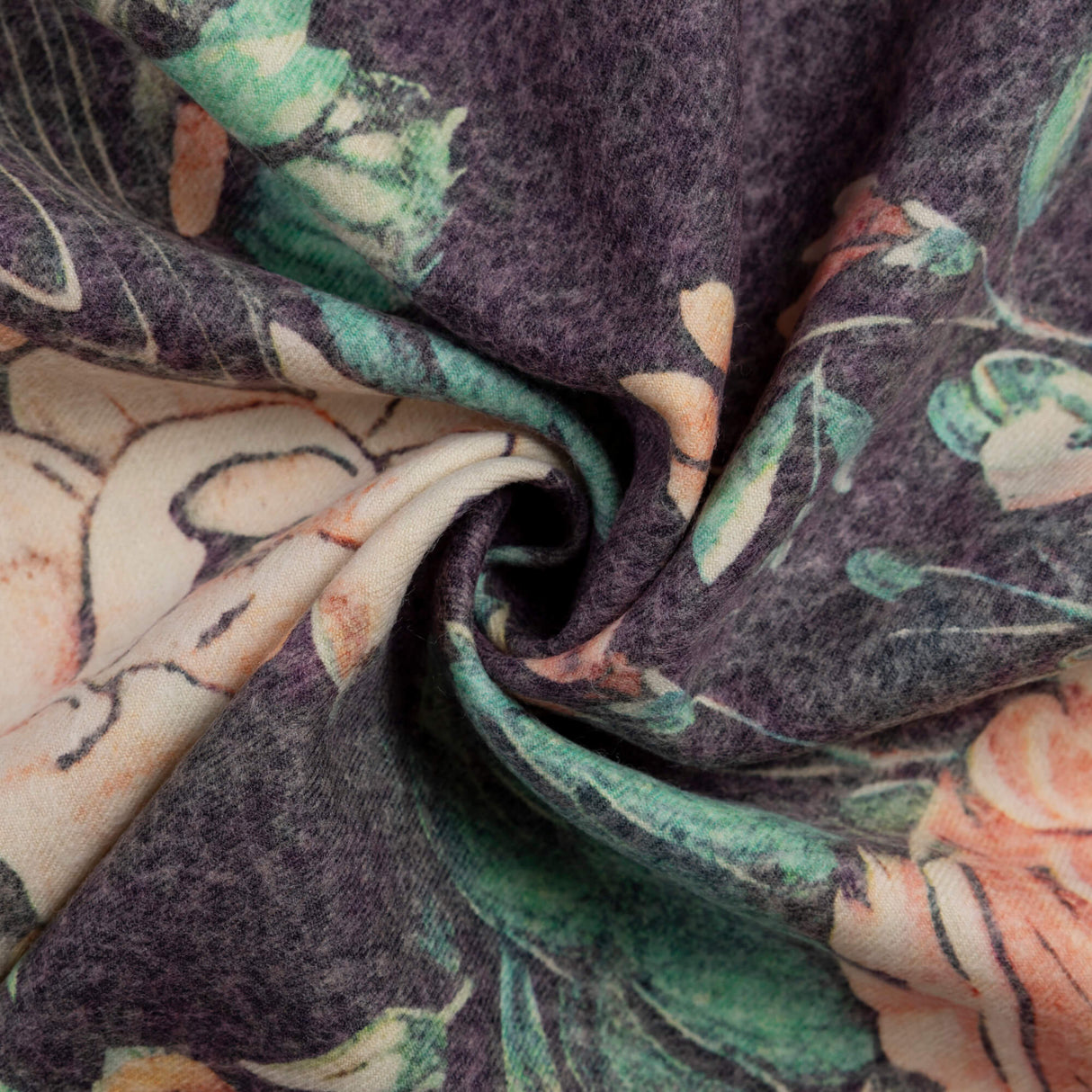 Flanelle 100% laine - Grandes fleurs saumon et vertes
