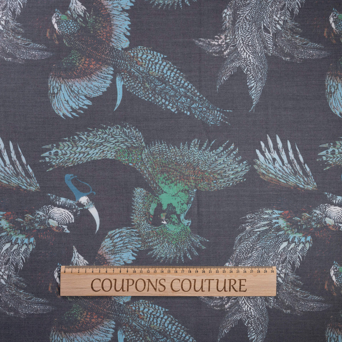 Gabardine de laine extensible - Oiseaux exotiques bleu et vert