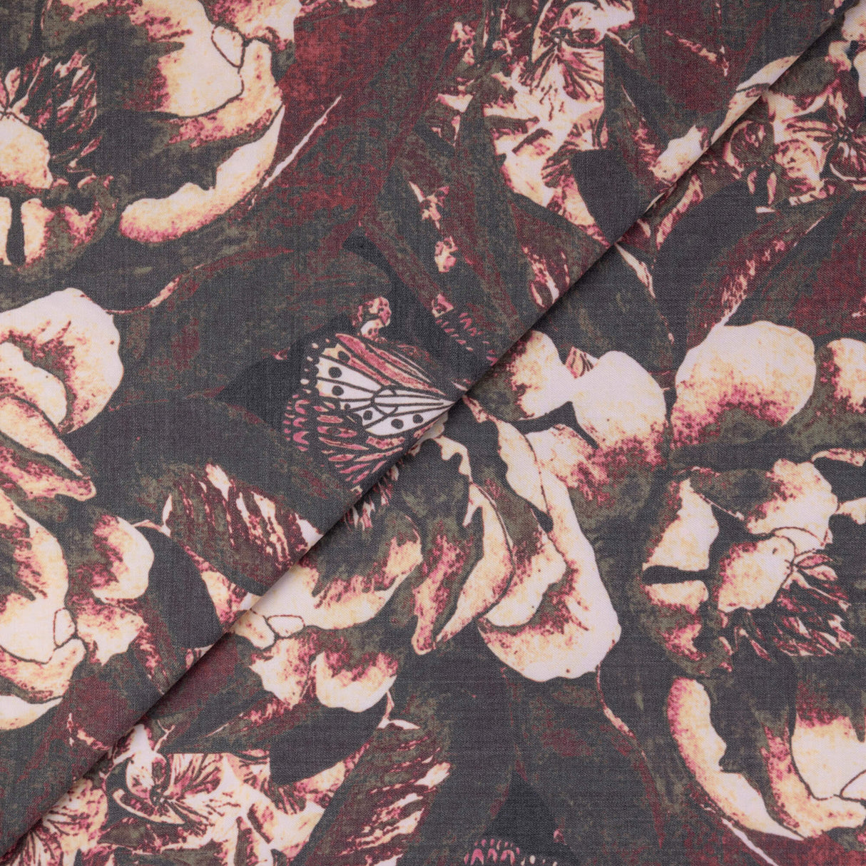 Gabardine de laine extensible - Fleurs et papillons bordeaux