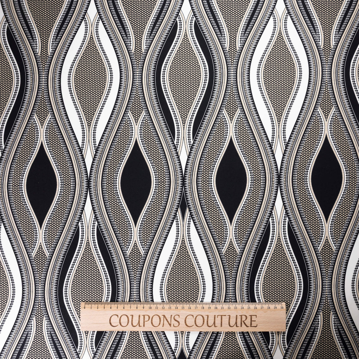 Crêpe lourd - Motif ondulé noir, beige et écru