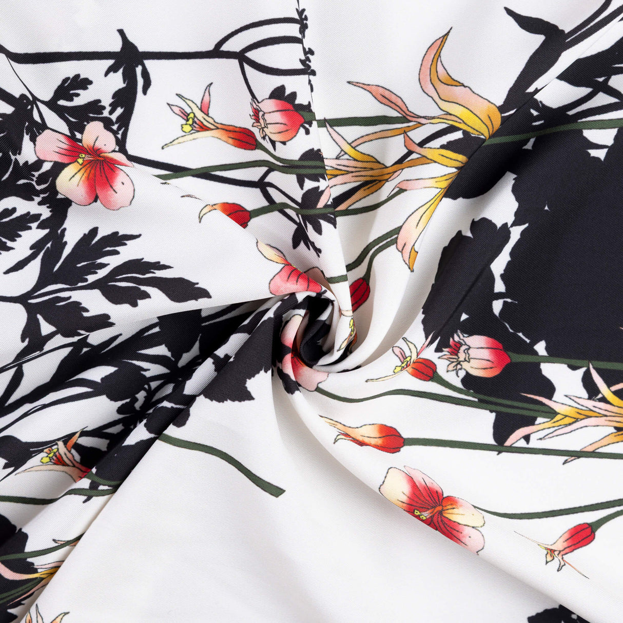 Crêpe sergé - Fleurs noires et roses fond blanc