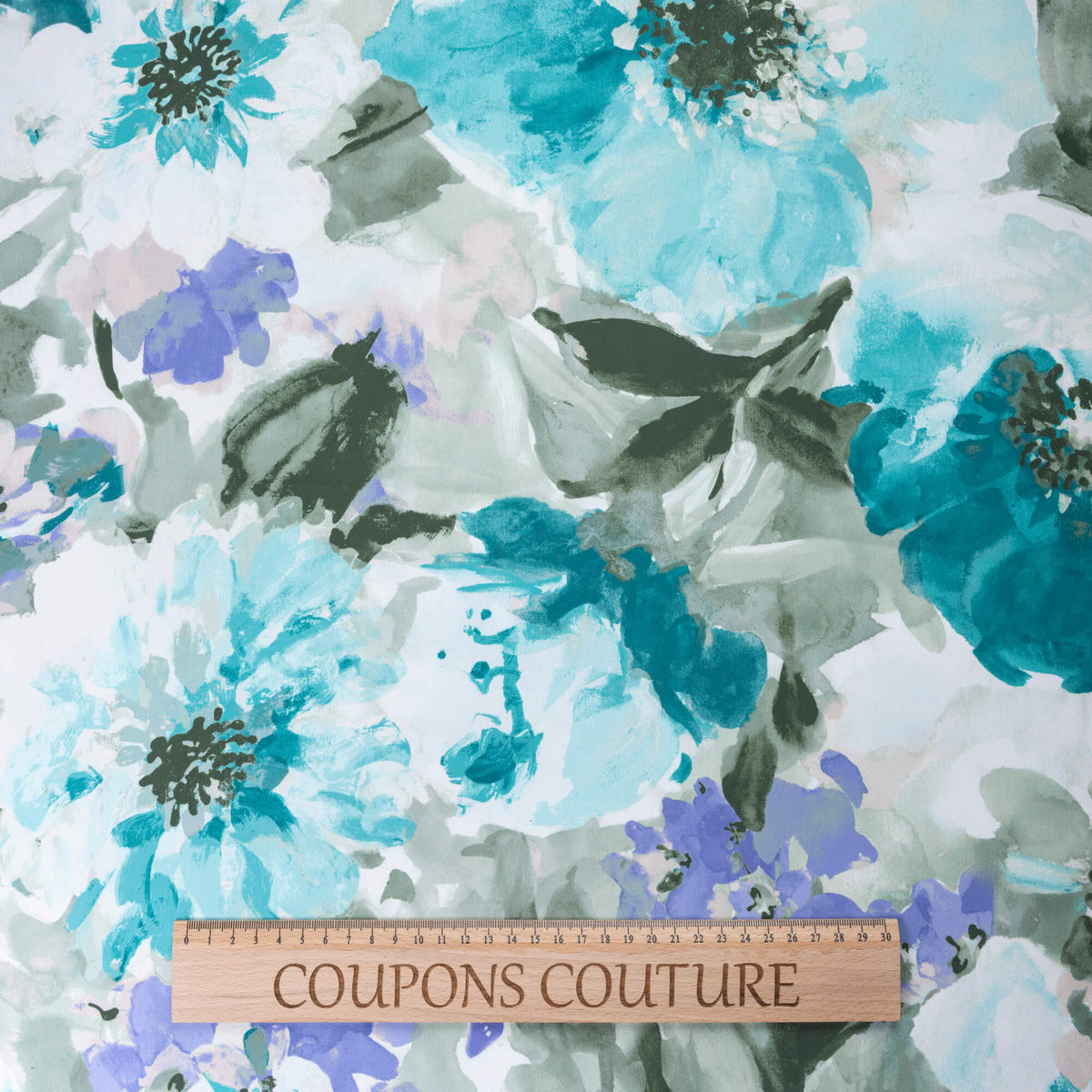 Crêpe - Fleurs aquarellées bleu turquoise
