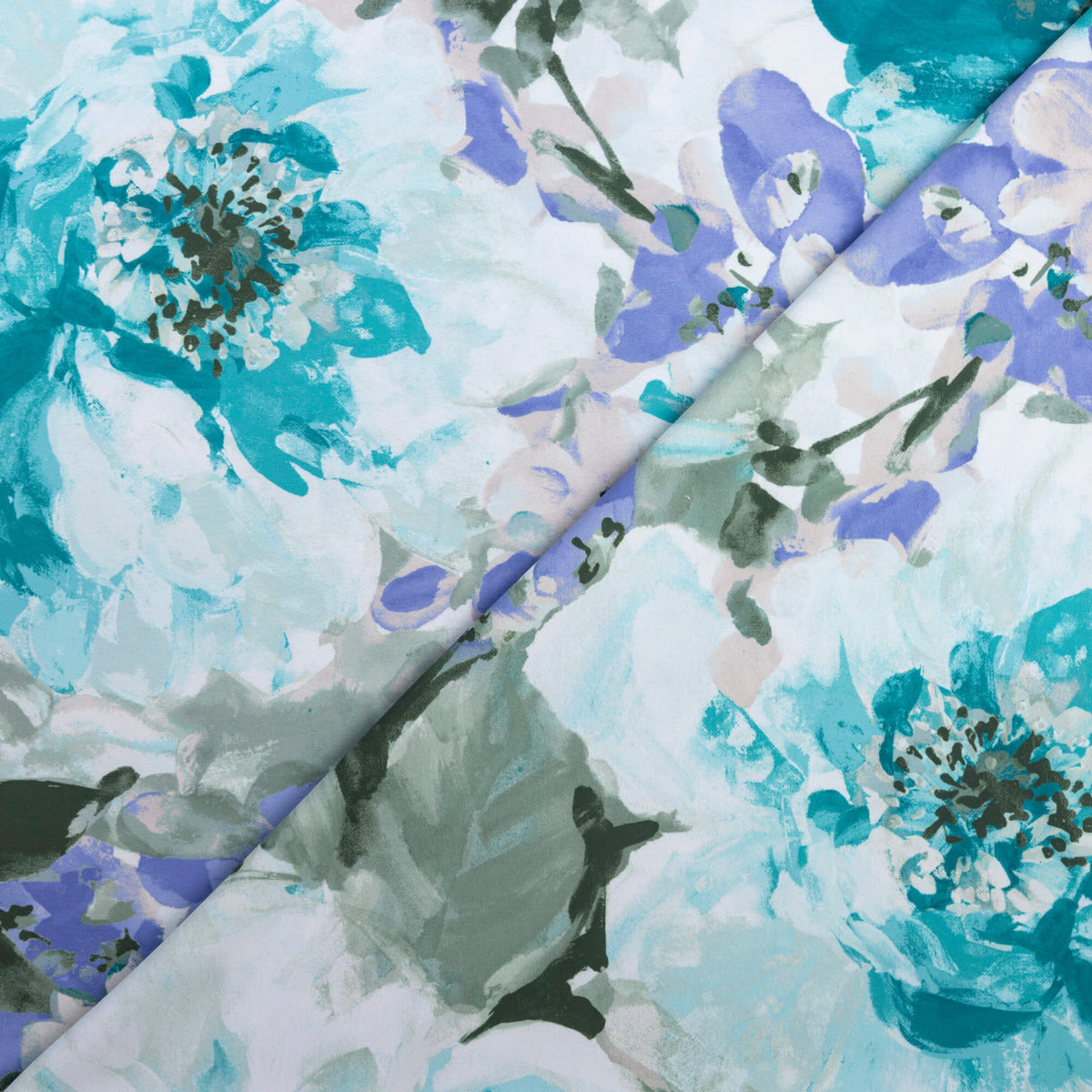 Crêpe - Fleurs aquarellées bleu turquoise