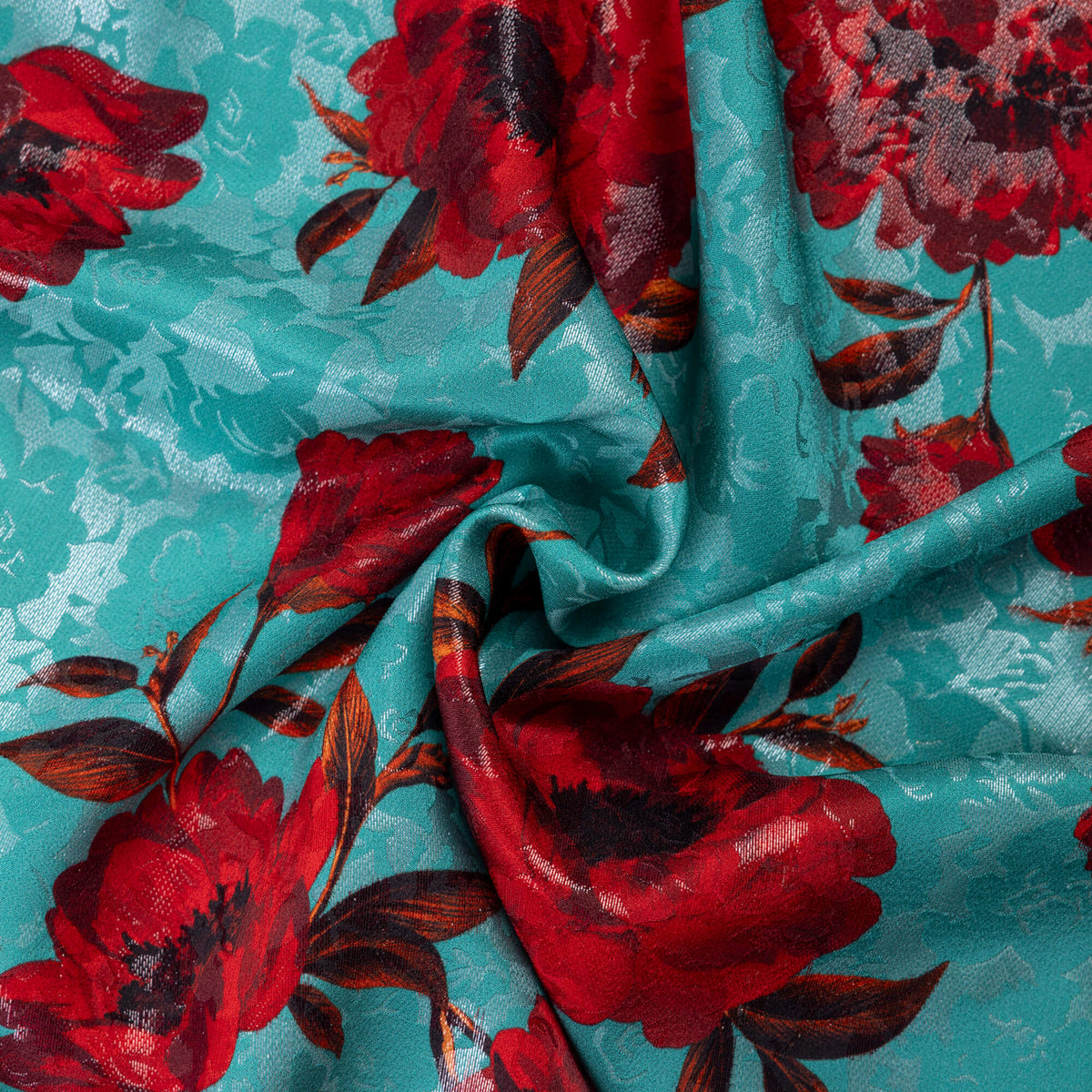 Satin de soie & lurex jacquard imprimé – Fleurs rouges sur turquoise