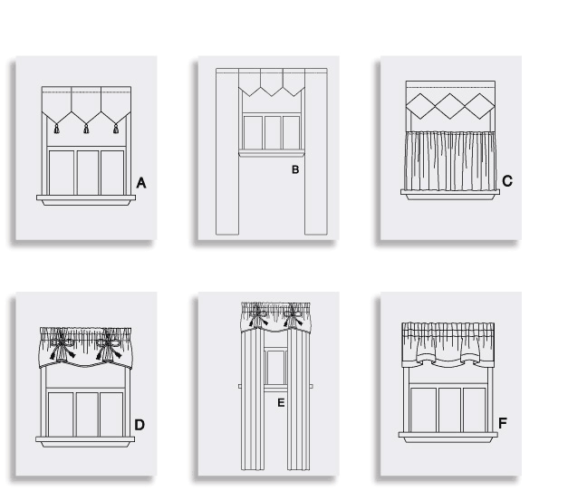 Dispositifs de rideaux et tentures décoratives sur six fenêtres (A à F), variantes de stores et guirlandes suspendues.