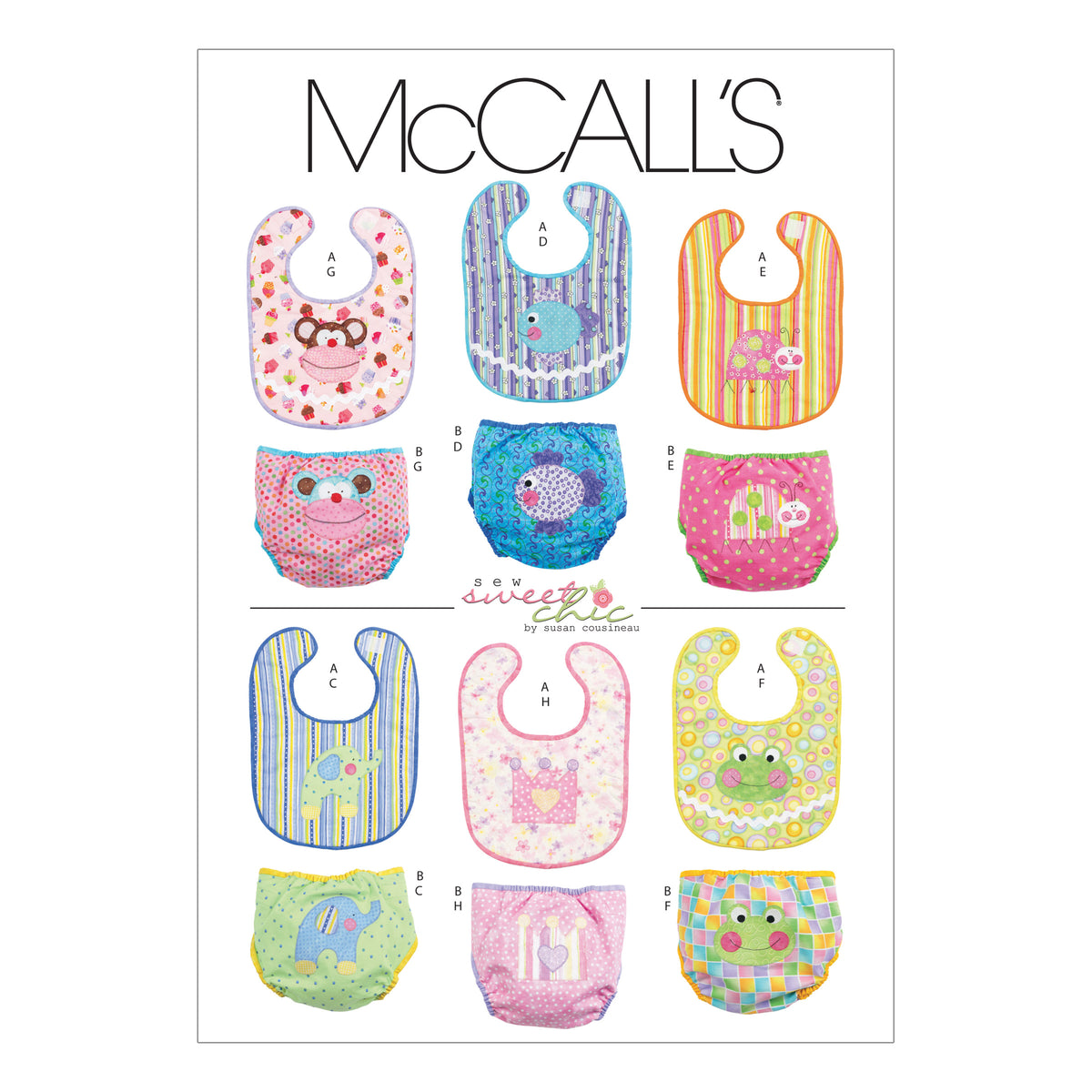 Bavoir coloré McCall’s avec motifs animaux et rayures, collage de 12 modèles enfantins.