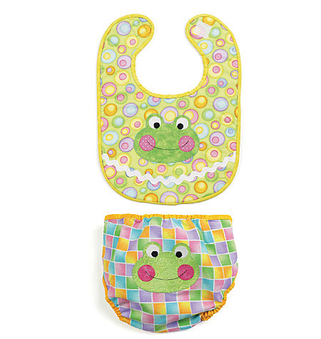 Two-piece baby bib and diaper cover set avec motif grenouille: bavoir jaune à pois pastel et culotte imprimée carreaux multicolores.