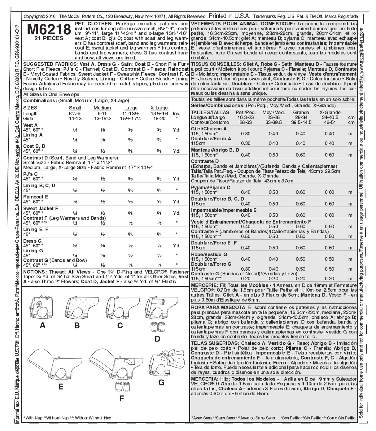 Patron McCall's n°6218 – Vêtements pour animaux de compagnie