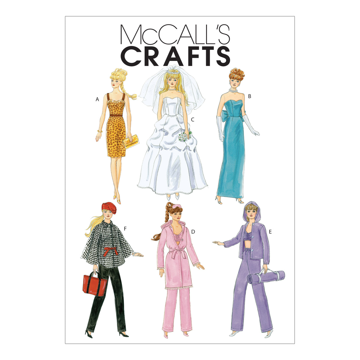 Illustration de six silhouettes fashion McCall's Crafts, montrant différentes tenues accessoires féminins (robes, tailleur, manteau) dans divers styles et couleurs.