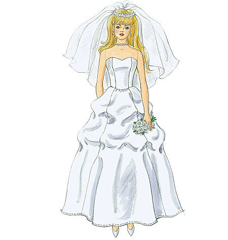 Une jeune mariée en robe de mariée blanche à traîne, volumineuse et bouffante, voile long et bouquet à la main.