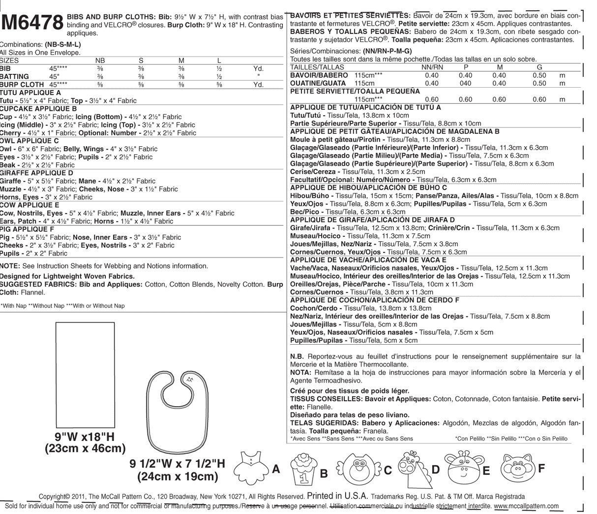 Patron McCall's n°6478 – Bavoirs et petites serviettes