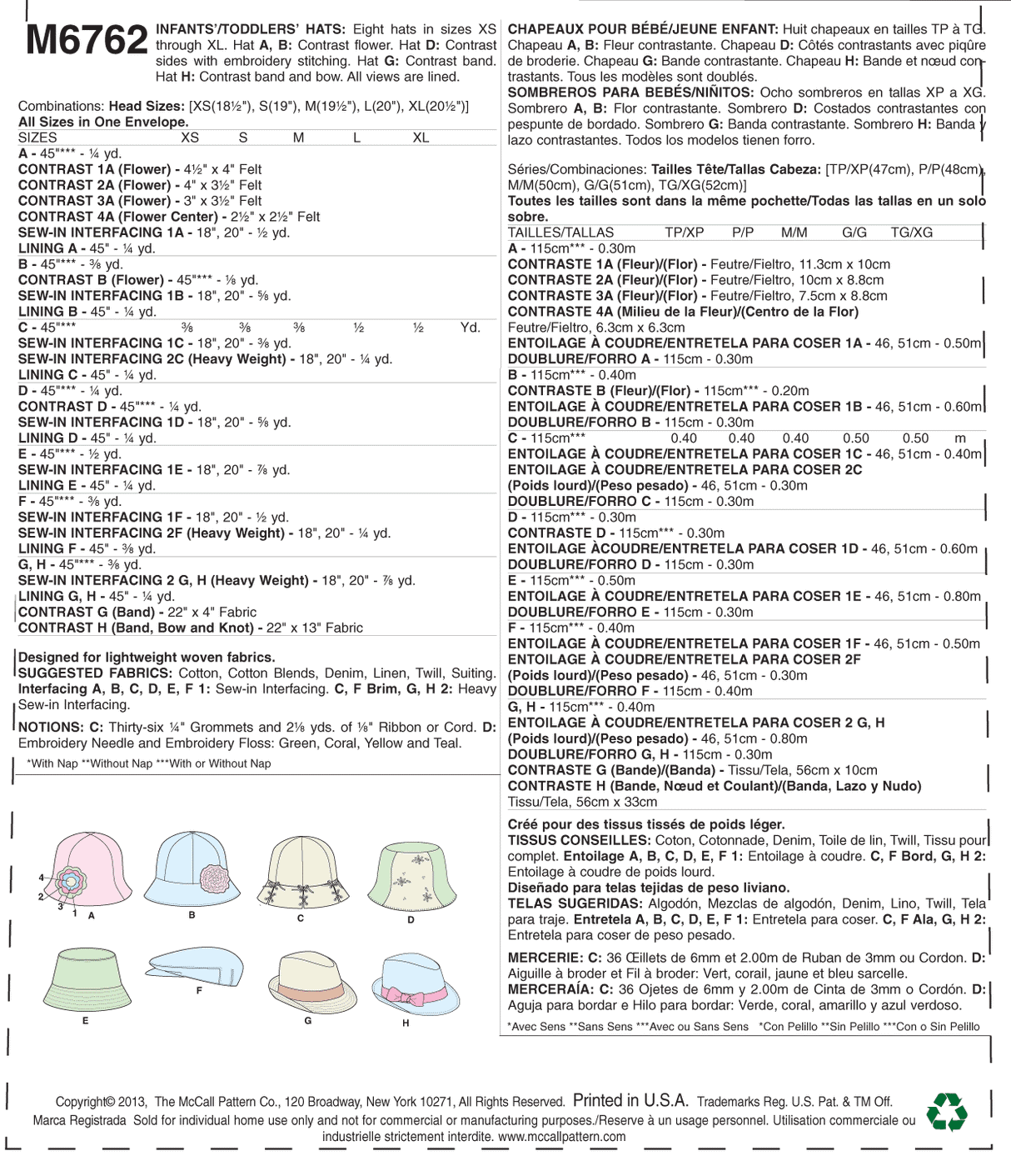 Patron McCall's n°6762 – Chapeaux pour bébés et tout-petits