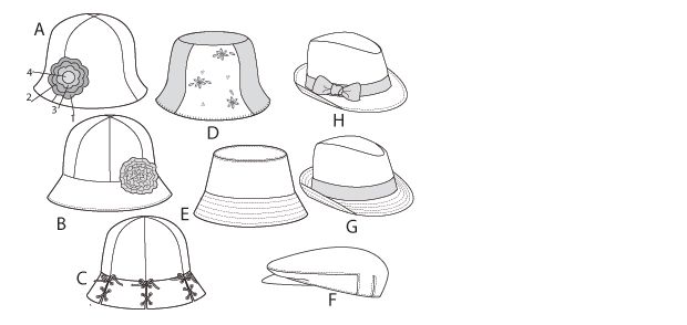 Différentes attitudes de chapeaux féminins: A et B chapeaux cloche à voilette, C et D cloches décorées, E Fedora simple, F béret, G fedora à bord, H chapeau façon panama avec ruban.