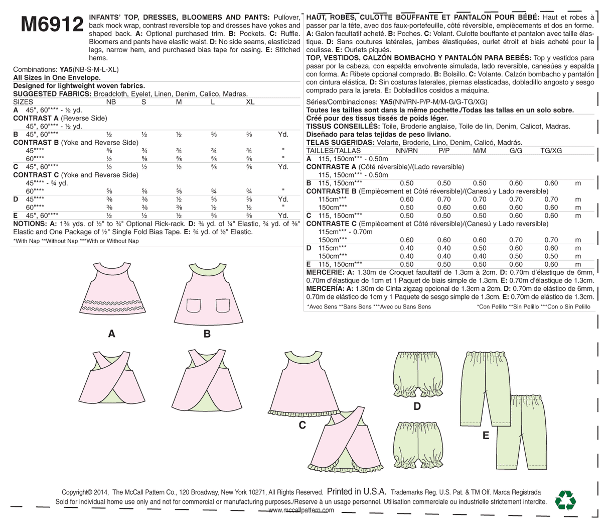 Patron McCall's n°6912 – Haut, robe, culotte bouffante et pantalon pour bébé