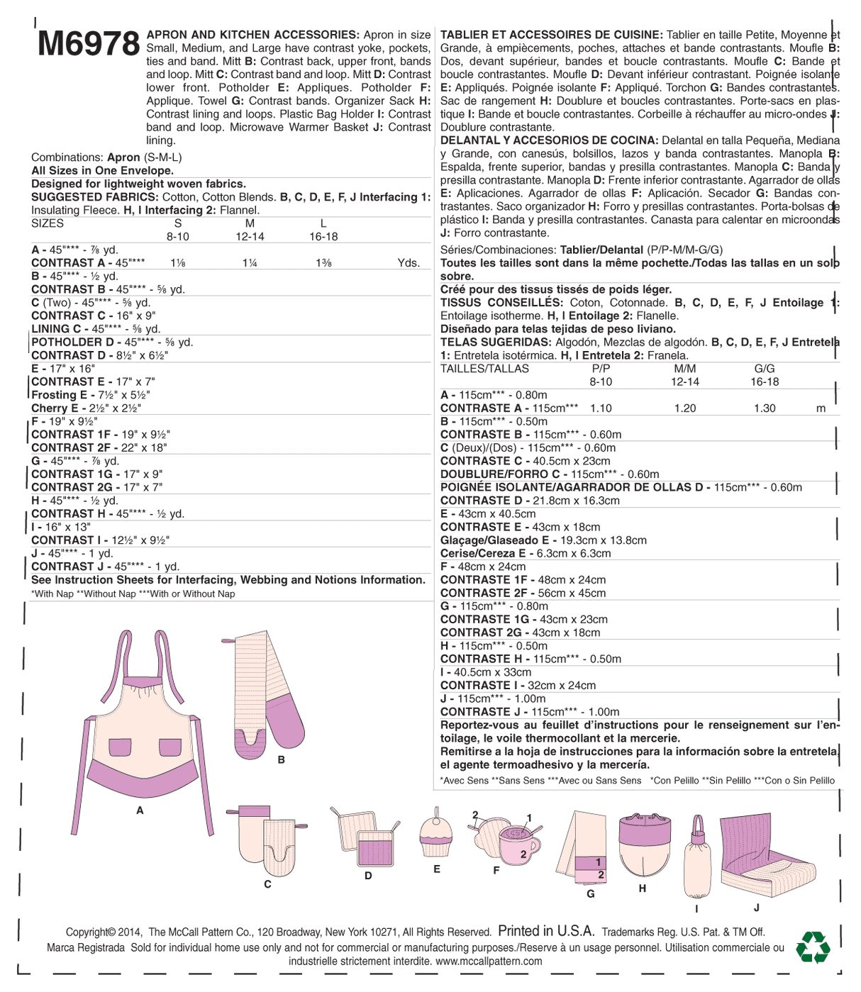 Manuel de couture pour tablier et accessoires de cuisine M6978, pages techniques, schéma et silhouettes en violet.
