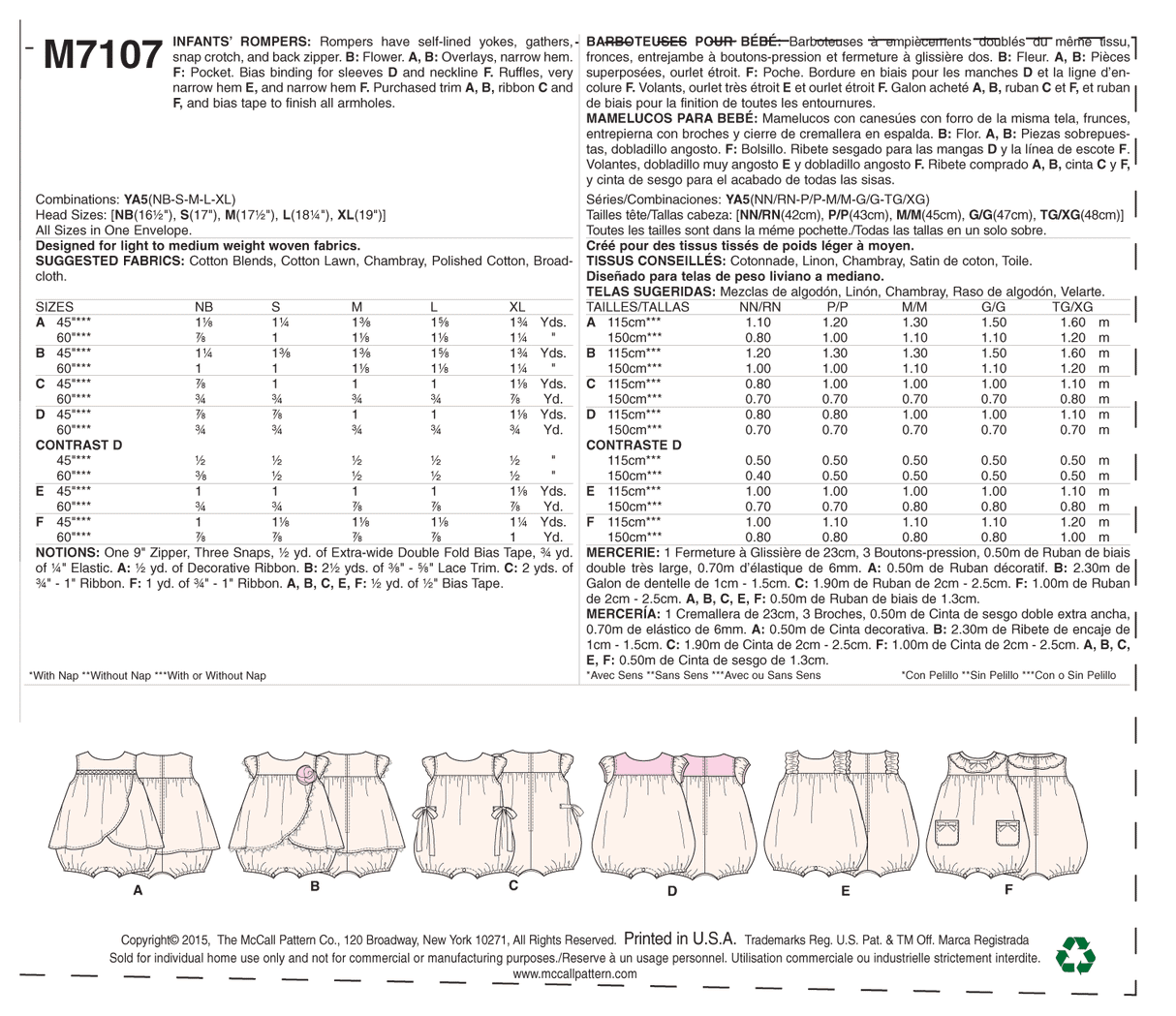 Patron McCall's n°7107 – Barboteuses pour bébé