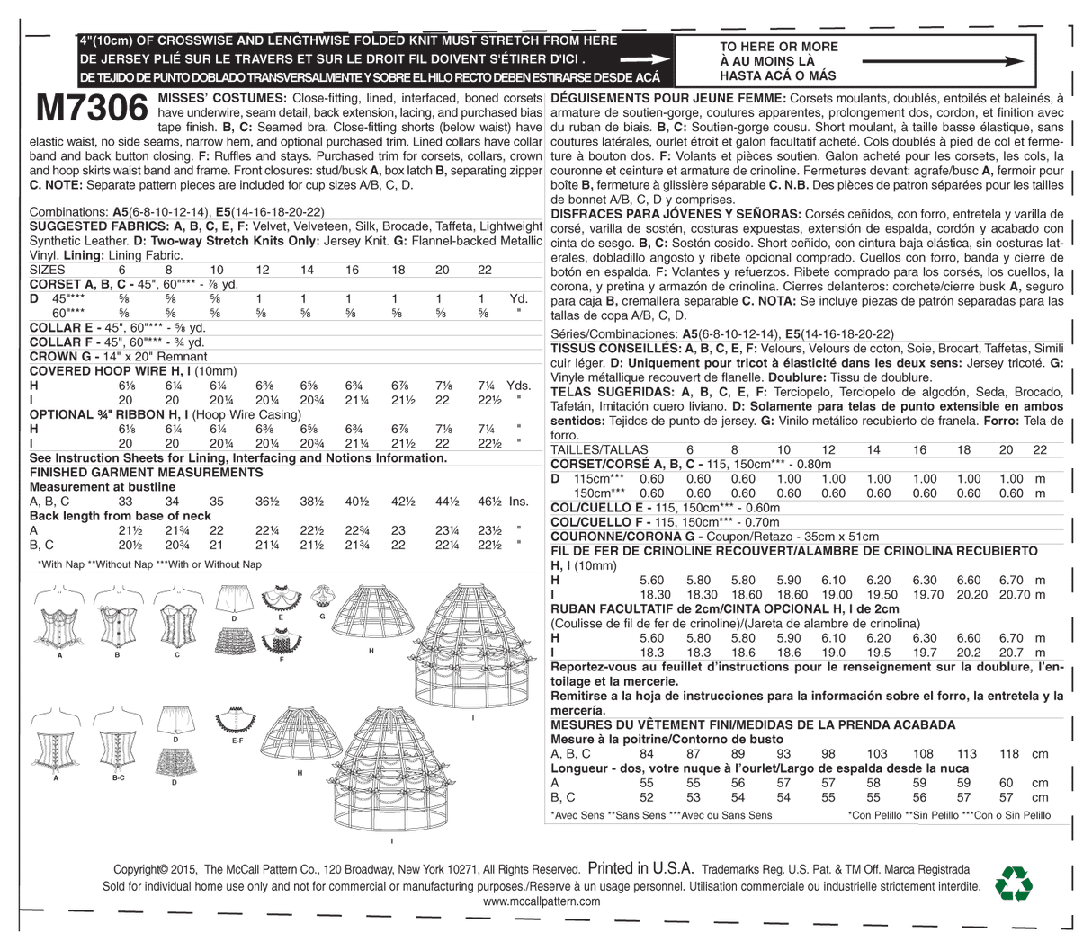 Patron McCall's n°7306 – Corsets, shorts, cols, jupes à cerceau et couronne