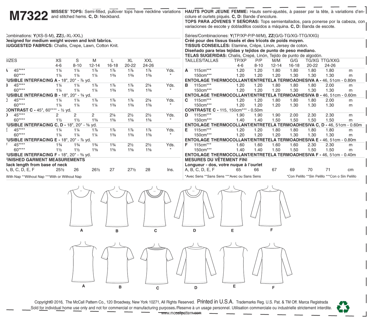 Patron McCall's n°7322 – Hauts à enfiler pour femme